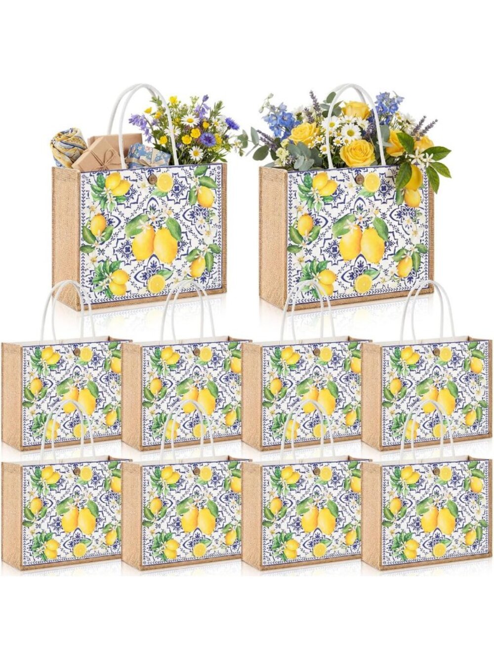 10 Pcs Large Lemon Gift Bags - Amalfi Coast Inspired Porcelain Tote Set